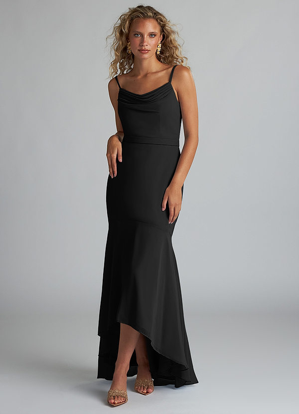 Azazie Summer Bridesmaid Dresses Black Mermaid Scoop Cowl Chiffon Dress image1