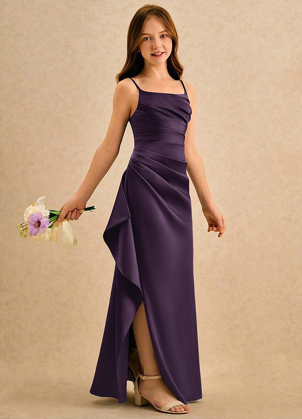 Azazie Cannoli Girls Formal Bloemenmeisjes Jurken A-Lijn Jurk van Mat Satijn Geplooid Pruim image1