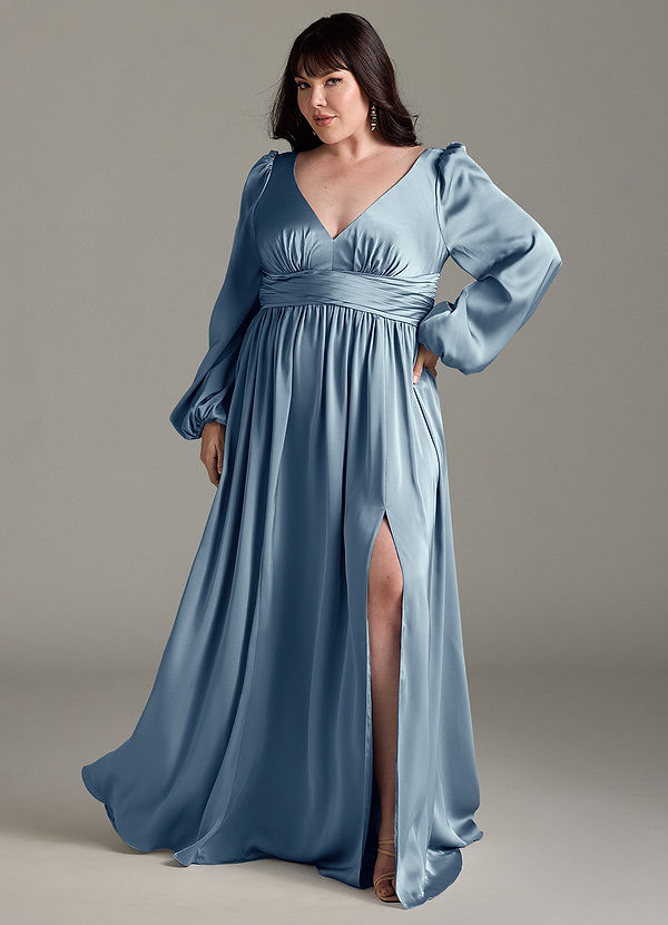 Azazie Norah Robes Demoiselle d'honneur Robe Trapèze en Satin extensible Bleu Poussiéreux image1