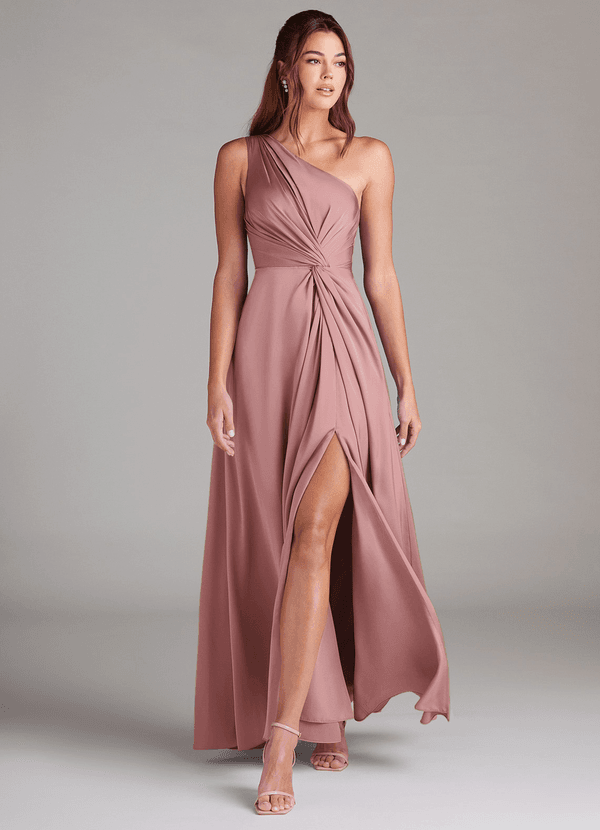 Azazie Brooke Bridesmaid Dresses Dusty Rose A-Line One Shoulder Stretch Satin Dress image1
