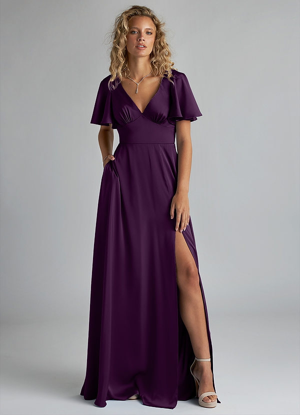 Azazie Kimber Bridesmaid Dresses Grape A-Line Ruched Stretch Satin Dress image1
