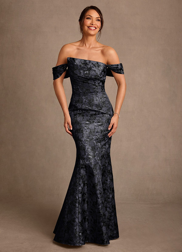 Azazie Nettie 신부의 어머니 드레스 인어 오프 더 숄더 자카드 플로어 길이 드레스 image1