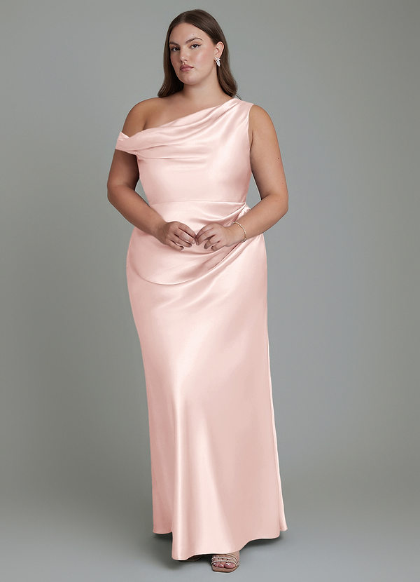 Azazie Emerson Vestidos de dama de honor Vestido Rosa Rubor de Satén Metálico de Corte Sirena con Hombros descubiertos image1
