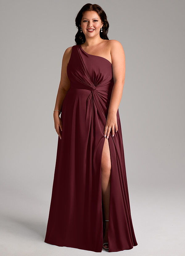 Azazie Brooke Bridesmaid Dresses Cabernet A-Line One Shoulder Stretch Satin Dress image1