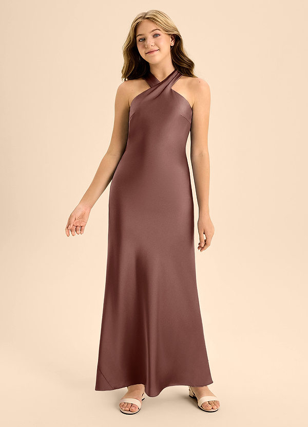 Azazie Doretta Junior Espresso A-Line Pleated Stretch Satin Dress image1