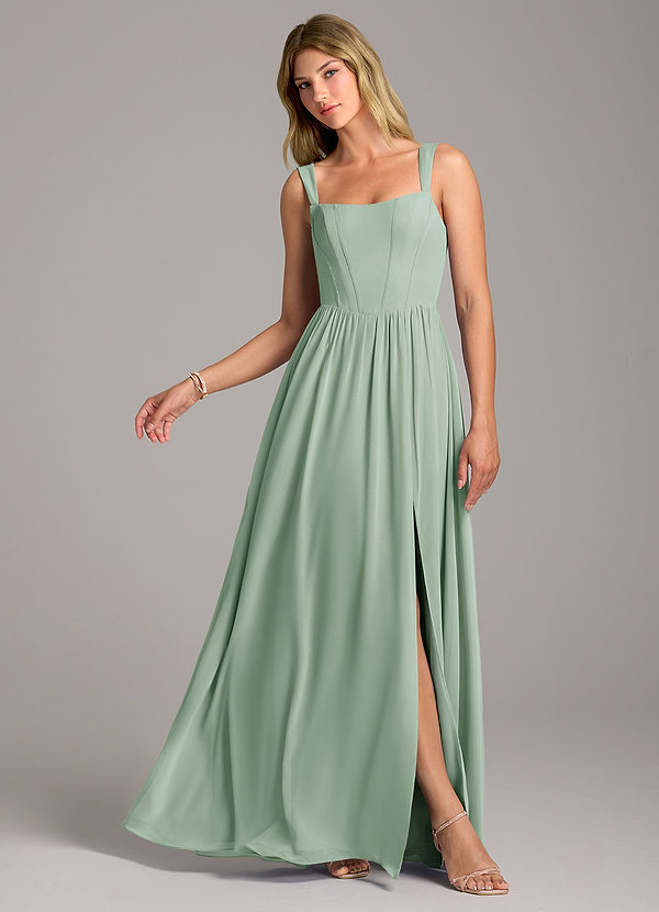 Azazie Rosaline Bridesmaid Dresses Agave A-Line Side Slit Chiffon Dress image1