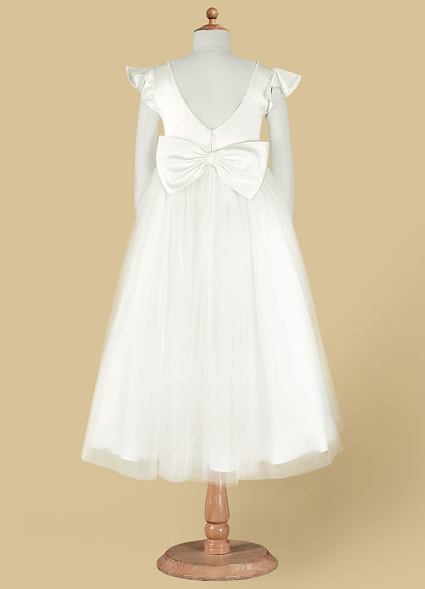 Azazie Aster Flower Girl Dresses A-Line Tulle Tea-Length Dress with Sleeves image2