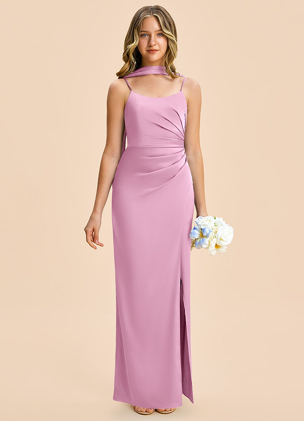 Azazie Calandra Junior Candy Pink Sheath Pleated Stretch Satin Dress image1
