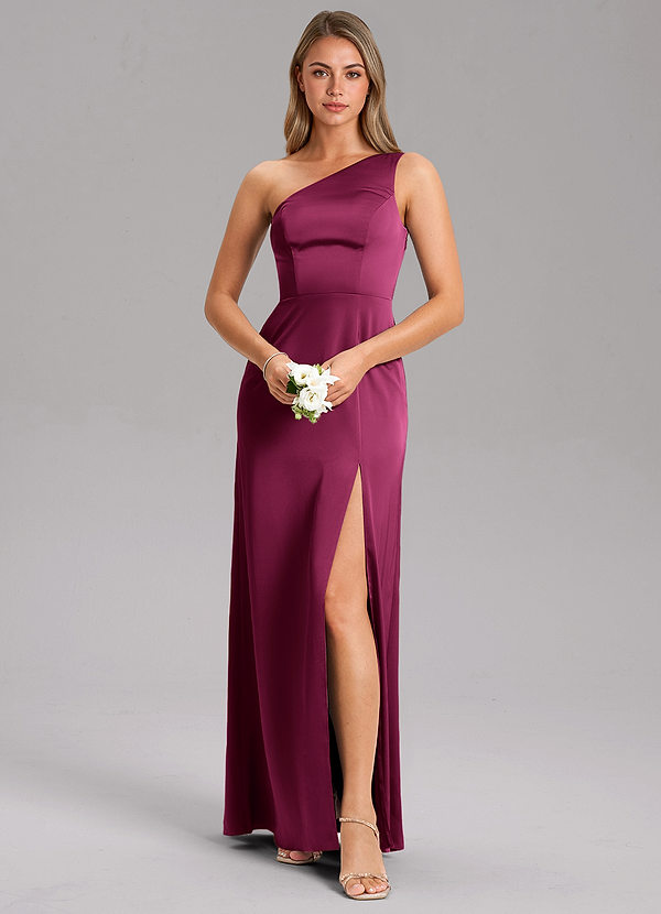 Azazie Phaedra Bridesmaid Dresses Red Plum A-Line One Shoulder Stretch Satin Dress image1