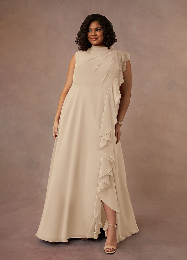 Azazie Narine Robe Mère de la Mariée & du Marié Robe Trapèze en Mousseline de soie Encolure haute plissée Champagne image1