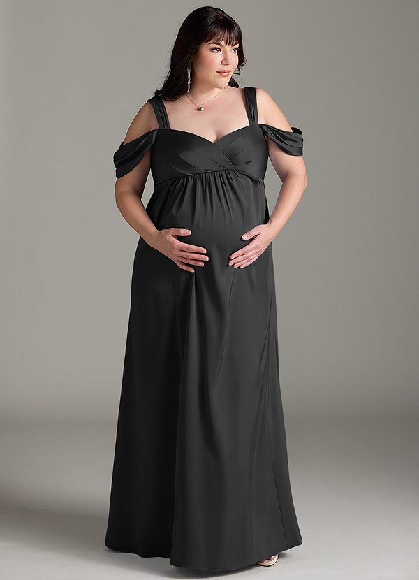 Azazie Rhea Robe demoiselle d'honneur enceinte Robe Trapèze Épaule nue plissée Longueur ras du sol Satin extensible image1