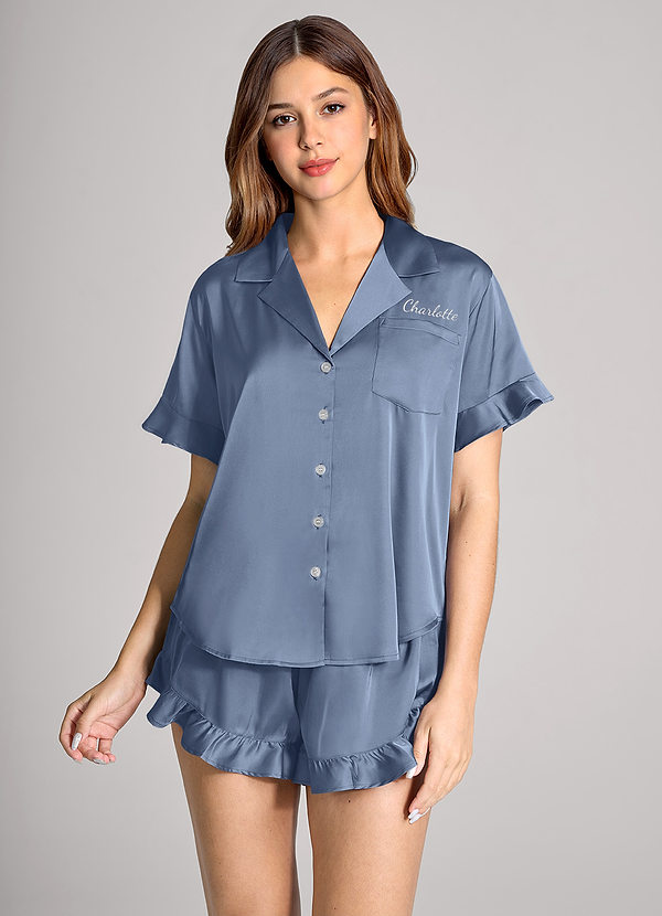 front Azul Polvoriento Conjunto de pijama de manga corta con volantes y nombre bordado personalizado a juego