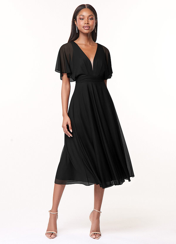 Azazie Tinsley Bridesmaid Dresses Black A-Line Pleated Mesh Dress image1