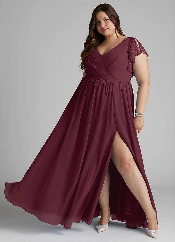 Azazie Zella Robes Demoiselle d'honneur Robe Trapèze en Mousseline de soie Dentelle Cabernet image1