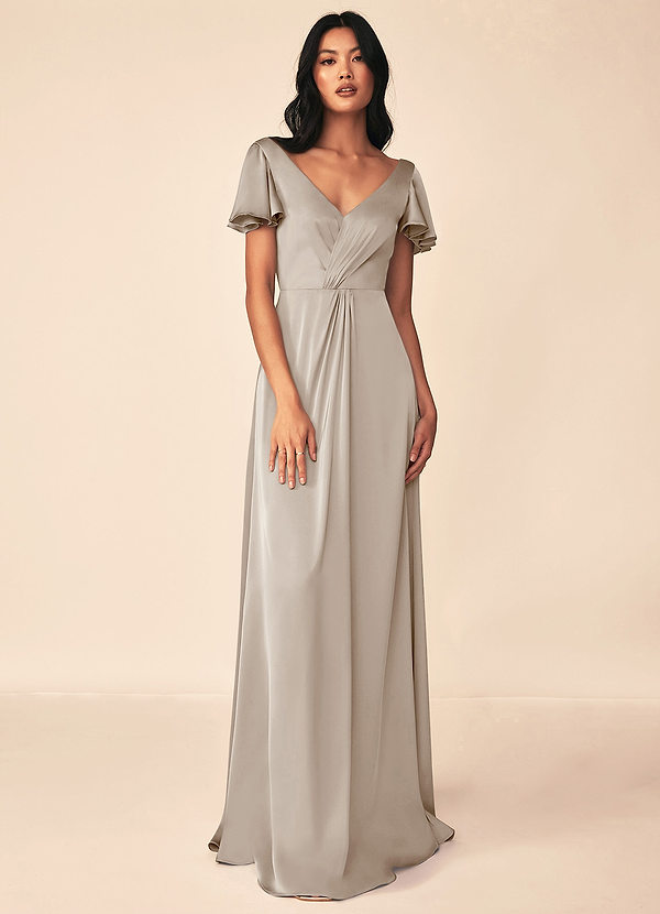 Azazie Soren Bridesmaid Dresses Frost Flowy Pleated Stretch Satin Dress image1