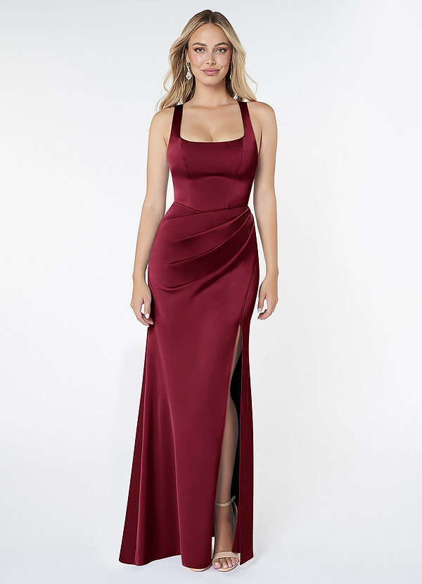 Azazie Mero Bridesmaid Dresses Burgundy Mermaid Pleated Stretch Satin Dress image1