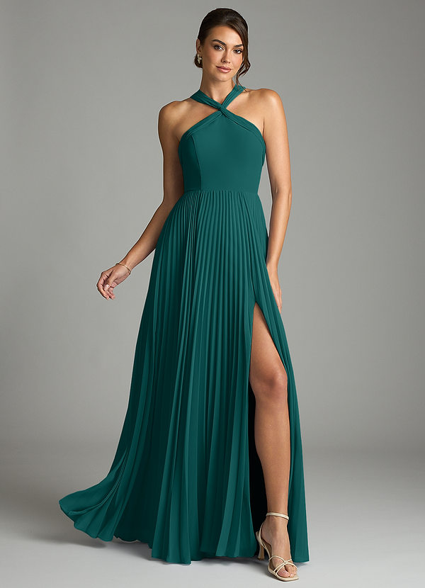 Azazie Afra Abiti da Damigella Abito A-Line in Chiffon Plissettato Verde Pavone image1