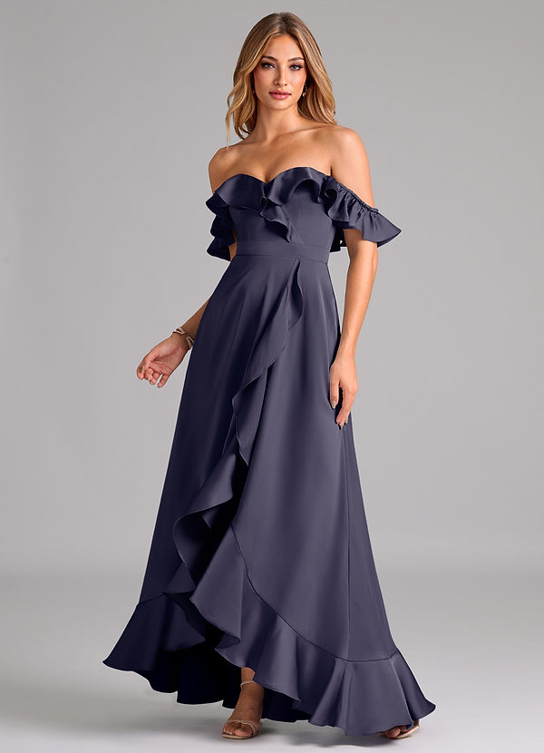 Azazie Lyra Bridesmaid Dresses Stormy A-Line Off the Shoulder Stretch Satin Convertible Dress image1