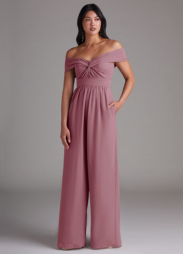 Azazie Lamara Bruidsmeisjes Jurken Converteerbaar Jumpsuit van Chiffon Off the Shoulder Vintage Mauve image1