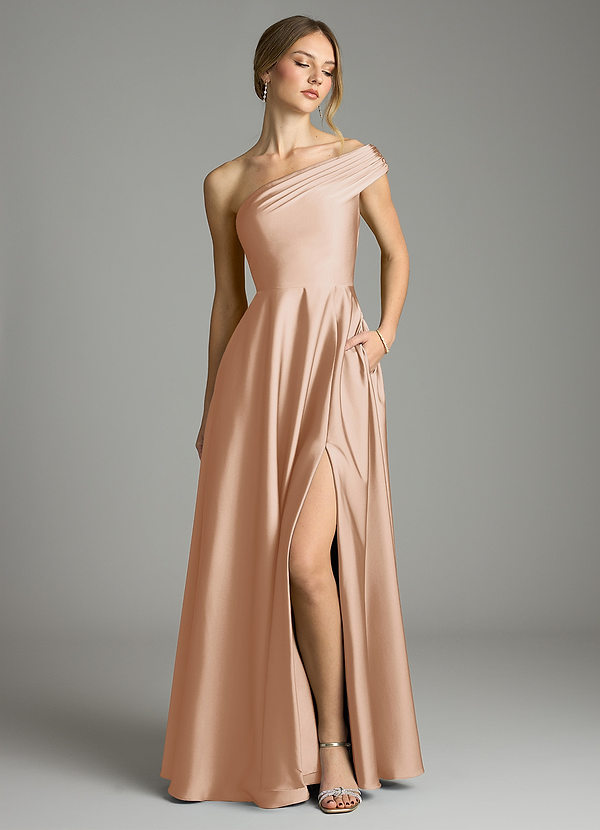 Azazie Melanie Suknie dla druhen Linia A Zza ramienia Satyna elastyczna Do ziemi Sukienka image1