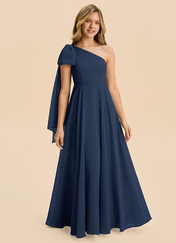 Azazie Averie Junior Vestido de Azul Marino Oscuro de Gasa de Corte en A con Plisado image1