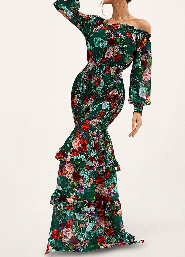 front Odenville Dark Emerald Floral Print Off-The-Shoulder Maxi Dress