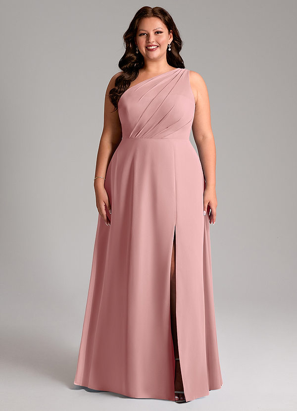 Azazie Phaedra Vestidos Dama de Honor Vestido de Rosa Polvorienta de Gasa de Corte en A con Hombro unilateral image1