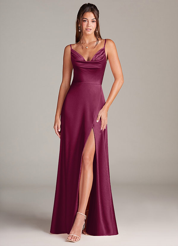 Azazie Sarella Brautjungfernkleider A-Linie mit Taschen Metallischer Satin Kleid Burgunderrot image1
