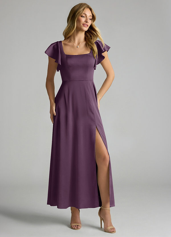 Azazie Bondi 신부 들러리 드레스 A라인 셔링 스트레치 새틴 발목 길이 드레스 image1