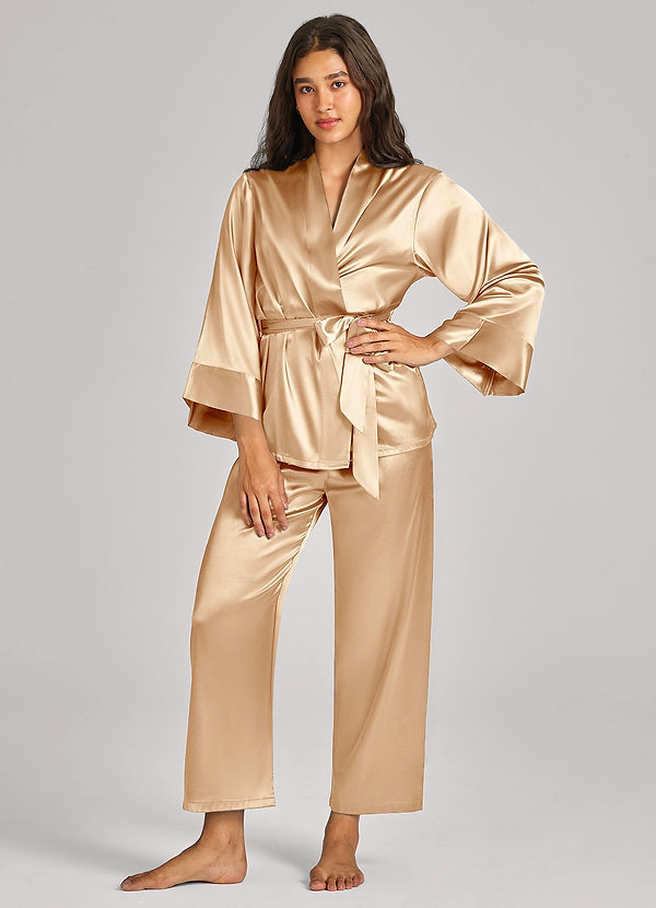 front Matching Color Satin Wrap Front Belted PJ Set
