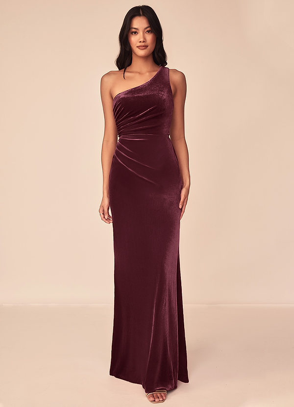 Azazie Argan Bridesmaid Dresses Raspberry A-Line One Shoulder Pleated Velvet Dress image1