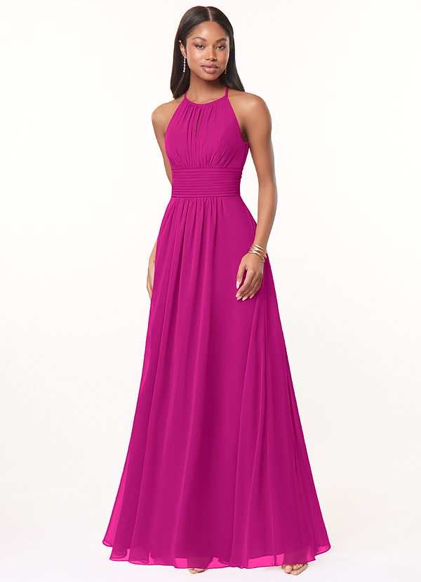 Azazie Bonnie Vestidos de dama de honor Vestido de Fucsia de Gasa de Corte En A con Cuello de pico fruncido image1