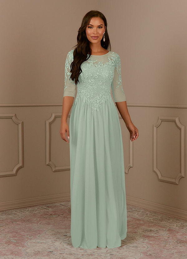 Azazie Harriet 신부의 어머니 드레스 A라인 레이스 망사 바닥 길이 드레스 image1