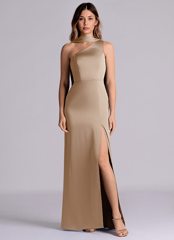 Azazie Phaedra 신부 들러리 드레스 A라인 한쪽 어깨 스트레치 새틴 바닥 길이 드레스 image1