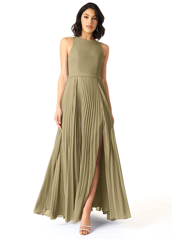 Azazie Lindie Bridesmaid Dresses Moss Green A-Line Scoop Pleated Chiffon Dress image1