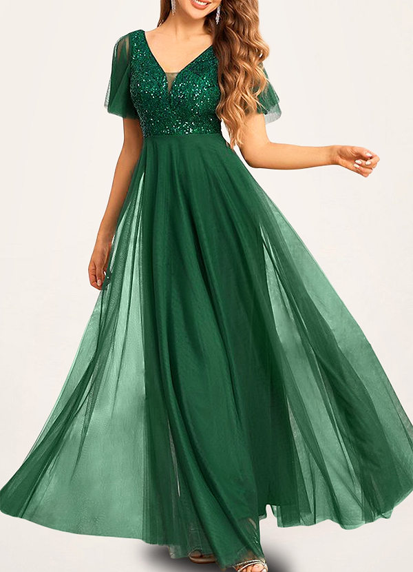 front Dalton Dark Emerald Sequin Fluttered Sleeve Maxi Dress
