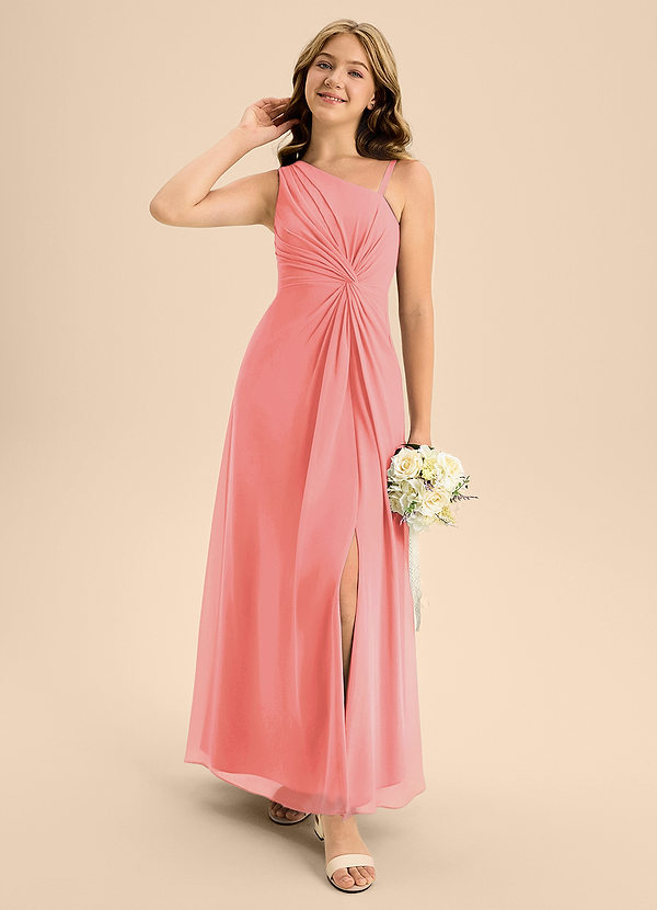 Azazie Brooke Junior Abito A-Line in Chiffon Spacco Laterale Corallo image1