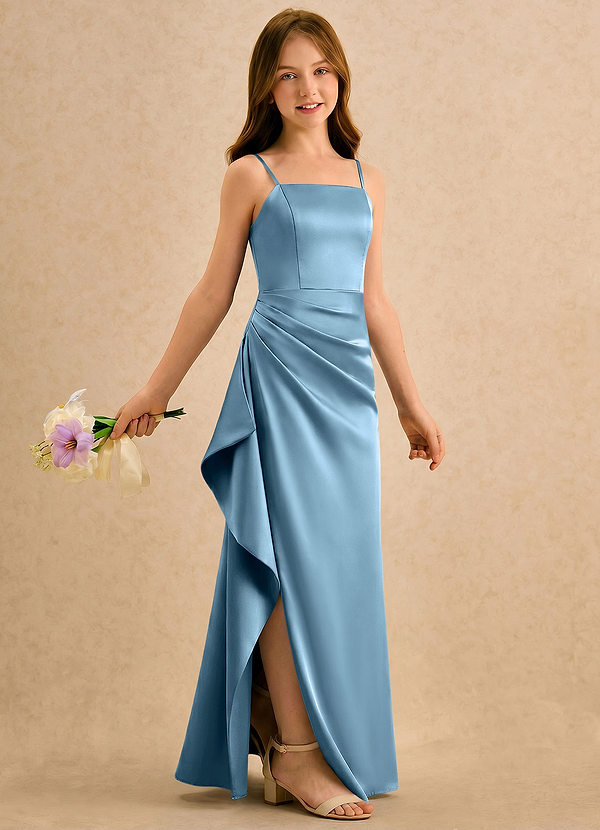 Azazie Cannoli Girls Formal Sukienki dla dziewczynek sypiących kwiaty Linia A Pofałdowany Satyna elastyczna Długość podłogi Sukienka image1