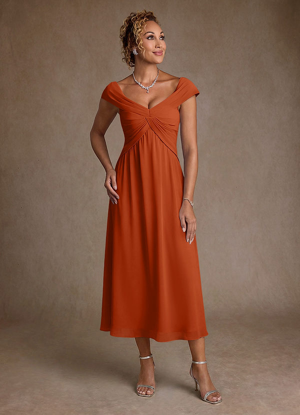 Azazie Mirta Mother of the Brides Dresses Burnt Orange A-Line Pleated Floral Burnout Dress image1