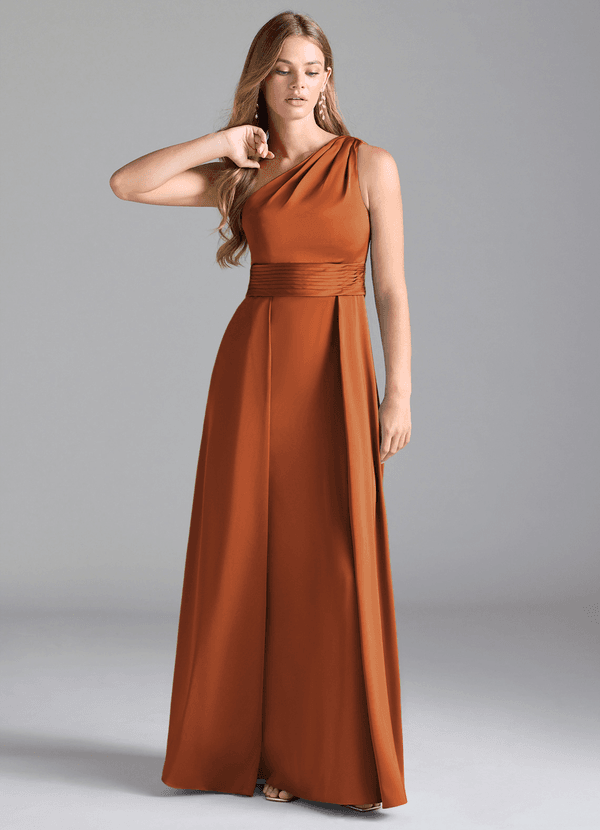 Azazie Dallas Bridesmaid Dresses Cinnamon A-Line One Shoulder Stretch Satin Dress image1