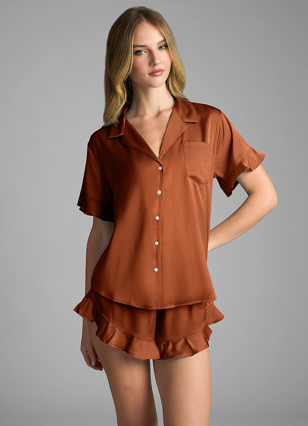 front Burnt Orange Ruffled Short Sleeve Pajama Set