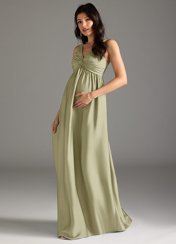 Azazie Yetta Gravid brudtärna Klänningar Klänning A-Line Plisserad Golvlängd Stretch Satin image1