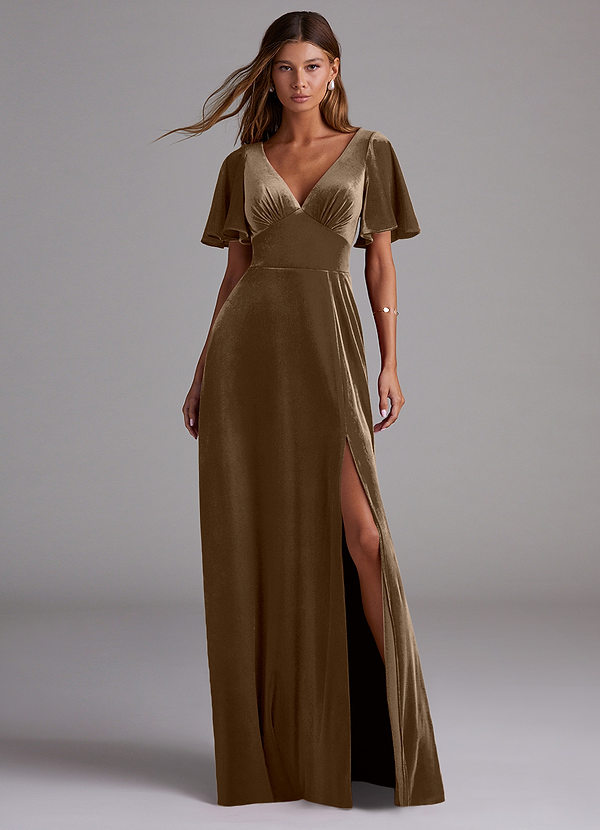 Azazie Kimber Bridesmaid Dresses Mahogany A-Line with Pockets Velvet Dress image1