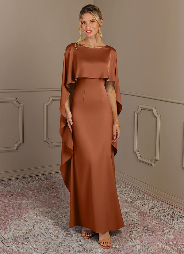 Azazie Eli Mother of the Brides Dresses Copper Sheath Boatneck Stretch Satin Dress image1