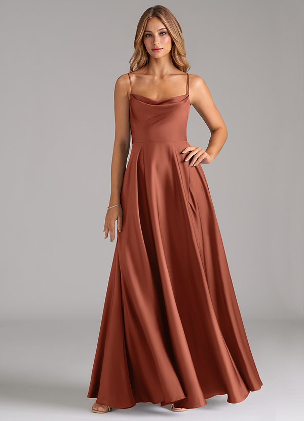 Azazie Elle Bridesmaid Dresses Clay A-Line Pleated Stretch Satin Dress image1