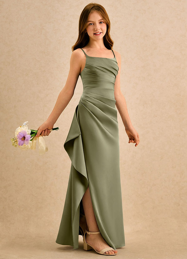 Azazie Cannoli Girls Formal Flower Girl Dresses Pistachio A-Line Pleated Stretch Satin Dress image1