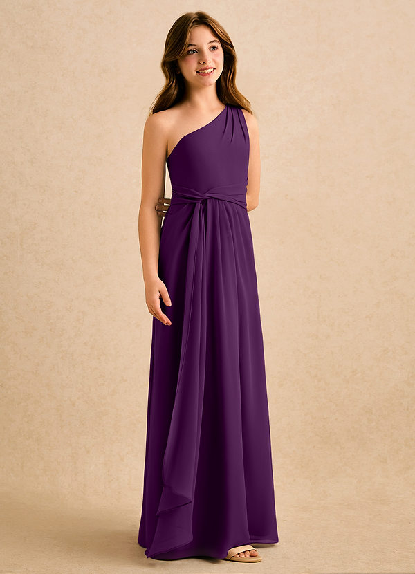 Azazie Tilda Girls Formal Vestidos de Niña de Flores Vestido de Uva de Gasa de Corte Recto con Hombro unilateral image1