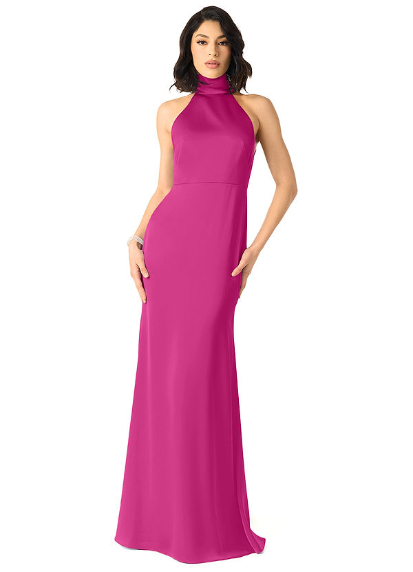 Azazie x Delaney Bridesmaid Dresses Fuchsia Sheath High Neck Stretch Satin Dress image1