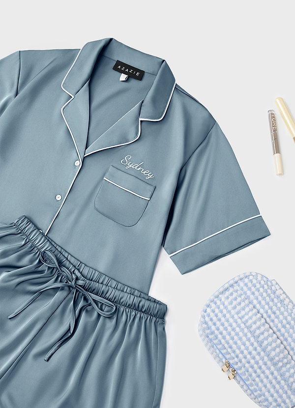 front Bleu Poussiéreux Ensemble de Pyjama 2 Pièces Court en Satin Personnalisé