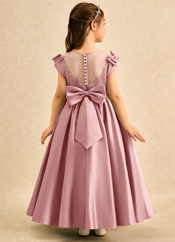 Azazie Toffee Abiti da Damigella Bambina Abito Stile Principessa in Raso Opaco Fiocco Rosa Polverosa image1